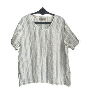Flax Designs Linen Short Sleeve Top Size Large Striped White Blue Women's Blouse